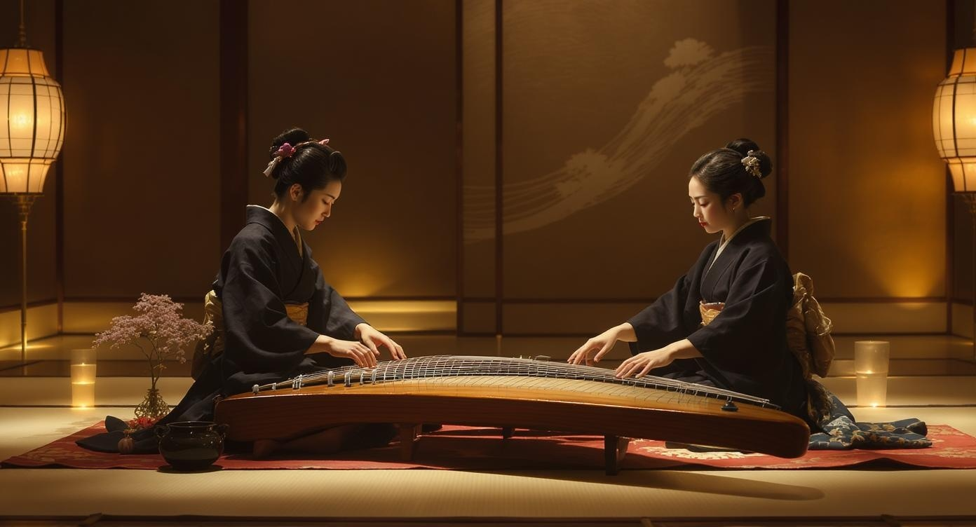 Traditional Japanese koto and shakuhachi in an ele