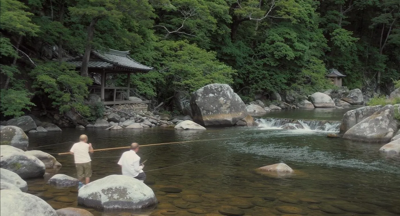 山での魚釣りと琴の音楽